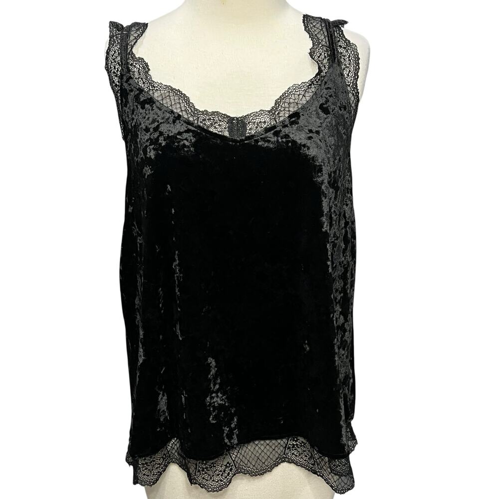 Mystree Y2K Tank Top Womens L Black Crushed Velvet Lace Trim Soft Whimsygoth - Picture 2 of 13